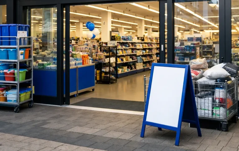 Ingang van Action winkel in Middelburg met schappen zichtbaar