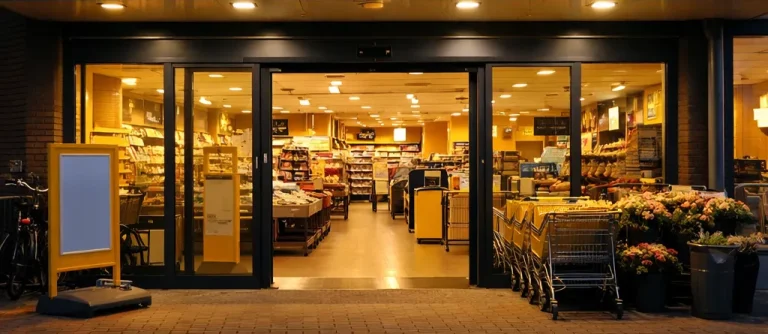 Ingang van Jumbo supermarkt in Middelburg bij avondlicht