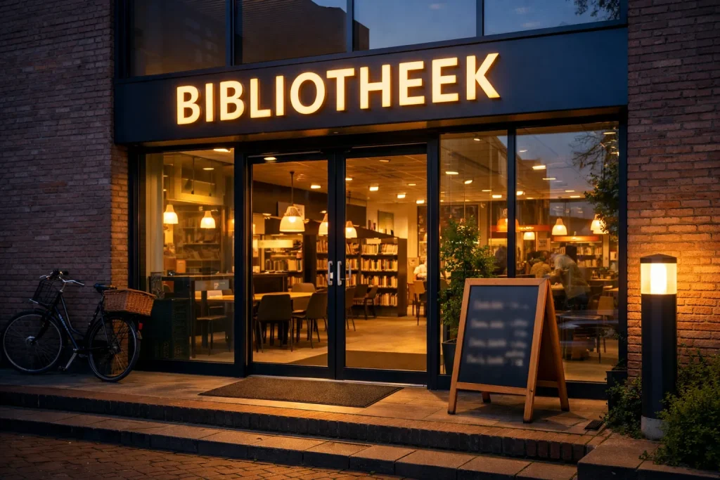 Moderne bibliotheek in Middelburg met verlichte ingang in de avond