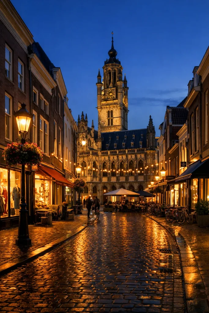 Verlichte straat met winkels en stadhuis in Middelburg bij avond