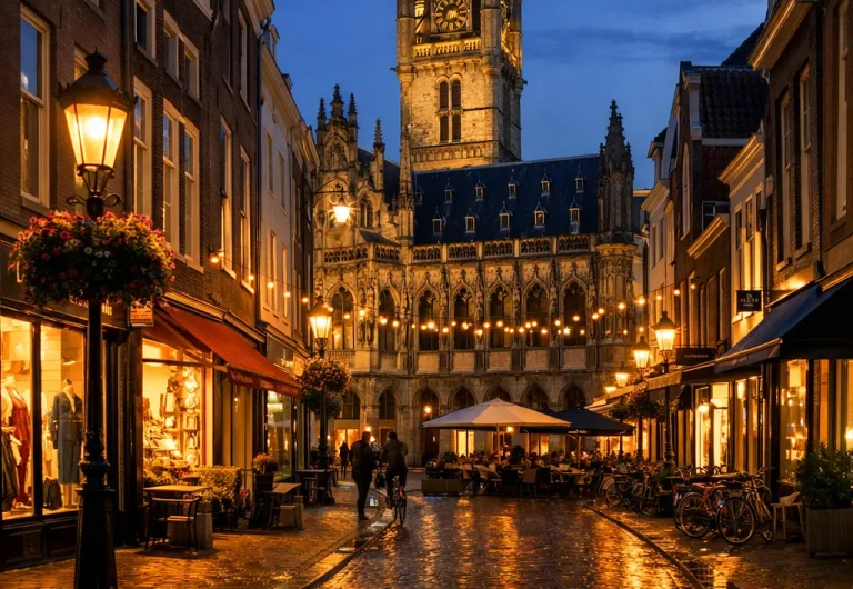 Verlichte straat met winkels en stadhuis in Middelburg bij avond
