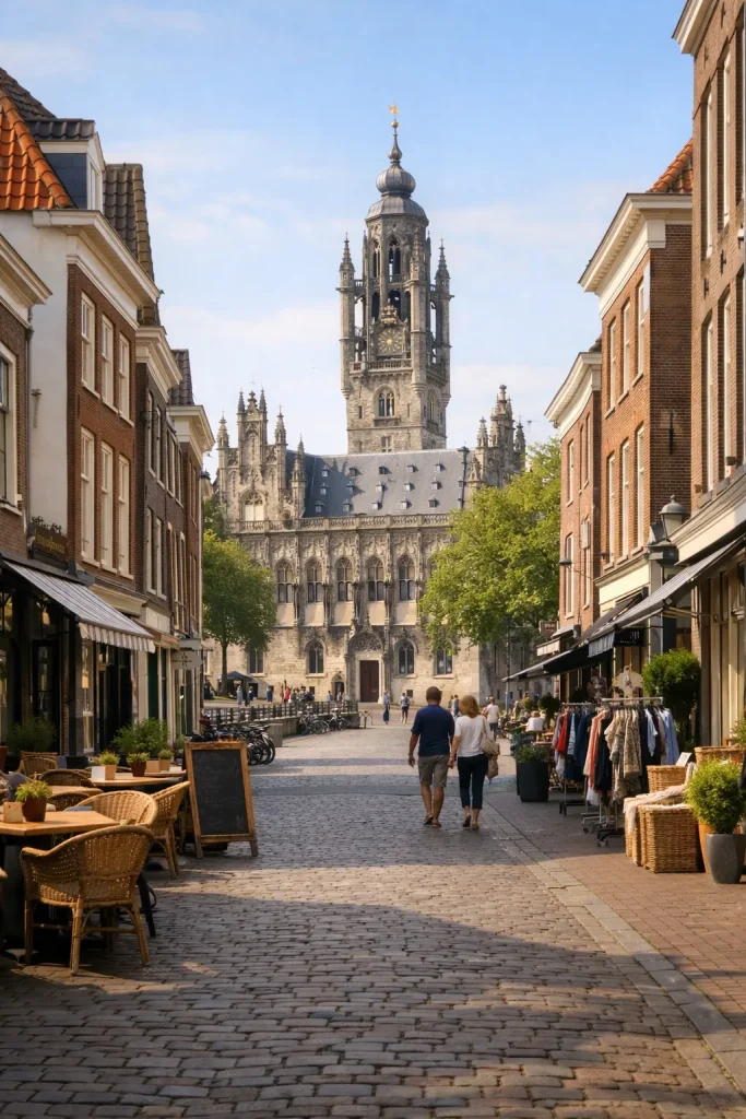 Straat in Middelburg met winkels en stadhuis op zondag