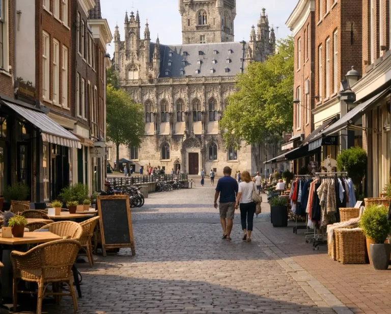 Straat in Middelburg met winkels en stadhuis op zondag