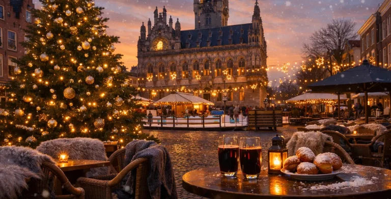 Verlichte kerstmarkt op het plein in Middelburg met kerstboom en stadhuis