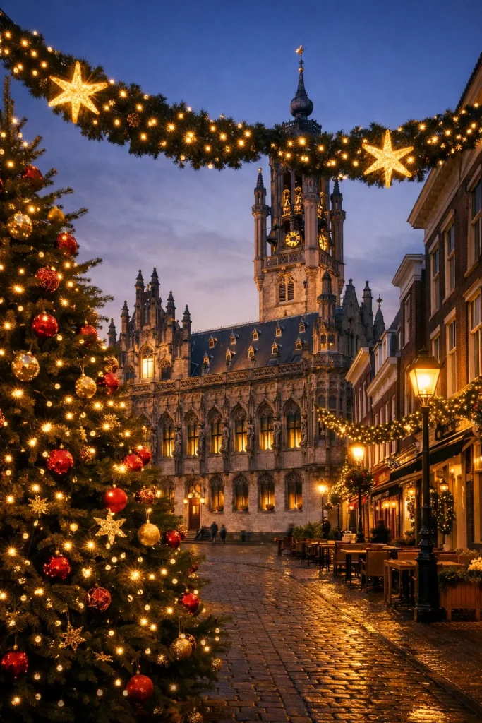 Verlichte straat met kerstboom in Middelburg