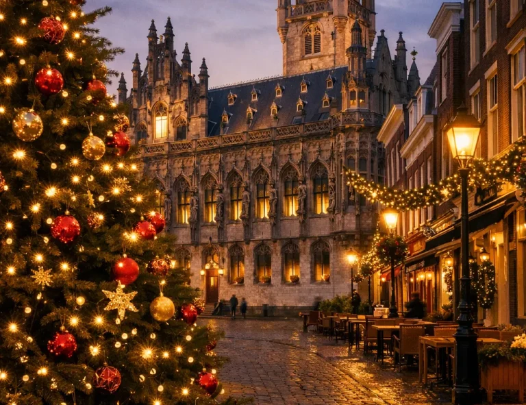 Verlichte straat met kerstboom in Middelburg