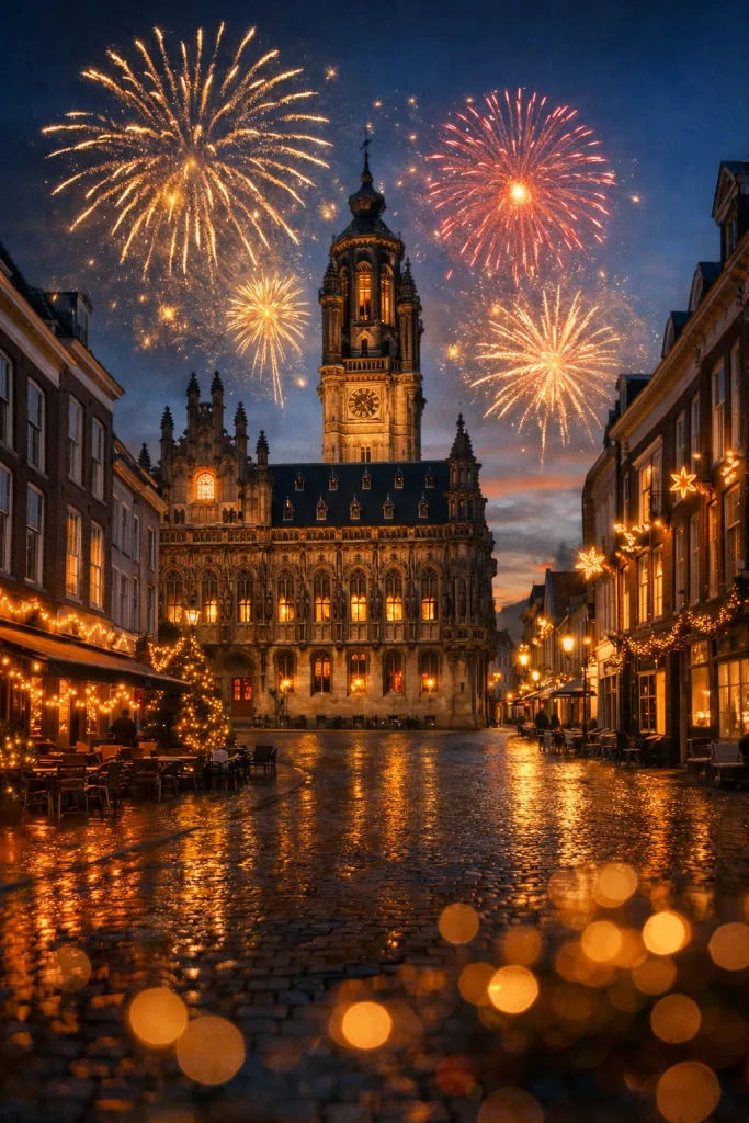 Vuurwerk boven historisch centrum van Middelburg tijdens jaarwisseling