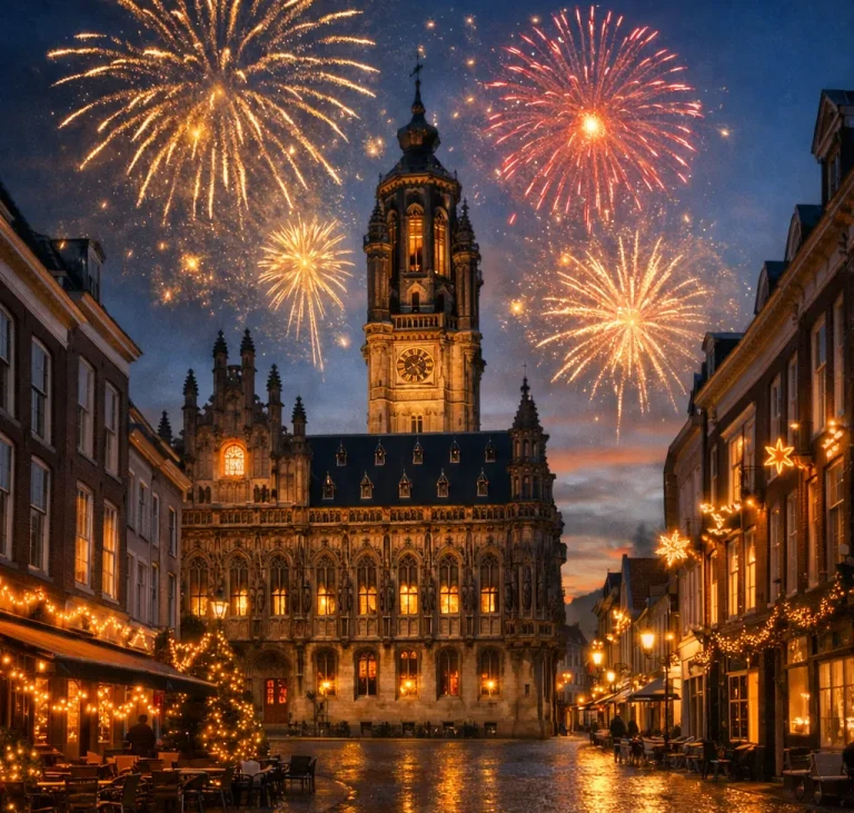 Vuurwerk boven historisch centrum van Middelburg tijdens jaarwisseling