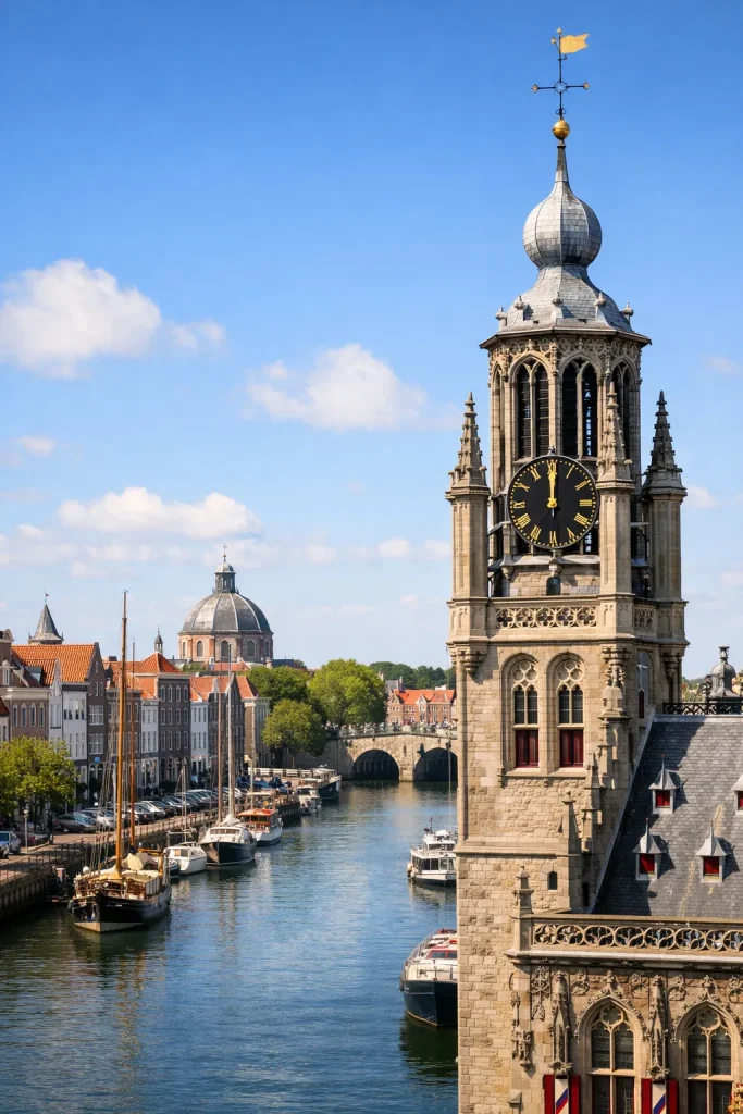 Historisch kanaal met toren in Middelburg