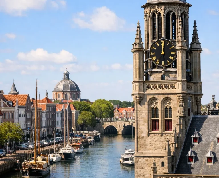 Historisch kanaal met toren in Middelburg