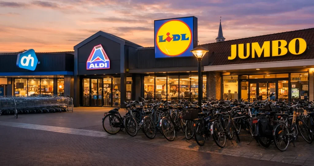 Rij supermarkten met fietsen in Middelburg