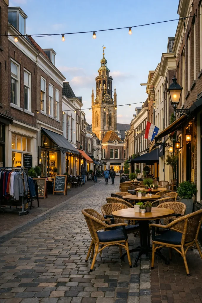 Gezellige winkelstraat in Middelburg met cafés en winkels