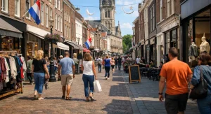 Drukke winkelstraat in Middelburg met historische gebouwen