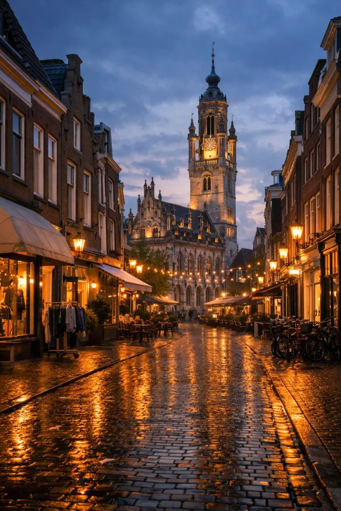 Straat in Middelburg centrum met verlichte toren