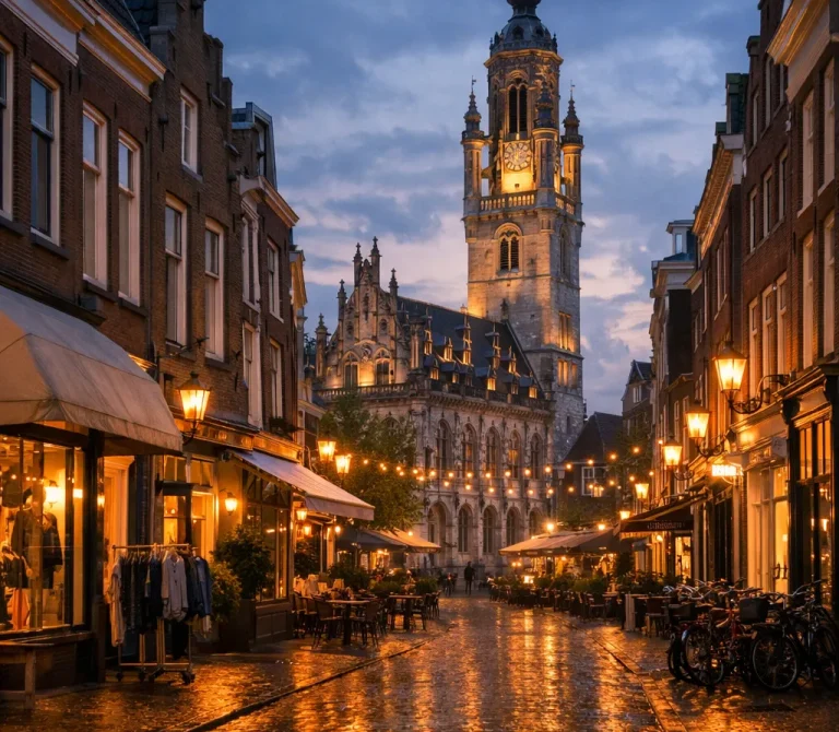 Straat in Middelburg centrum met verlichte toren