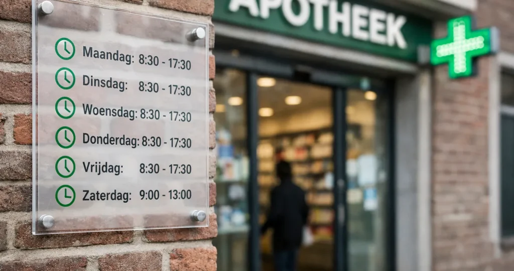 Gevel van apotheek met openingstijden bord