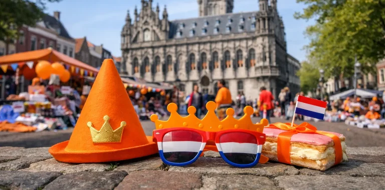 Feestelijke Koningsdag markt bij het stadhuis van Middelburg
