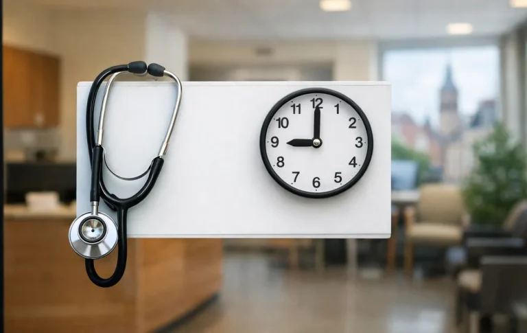 Huisartsenpraktijk met klok en stethoscoop in wachtruimte