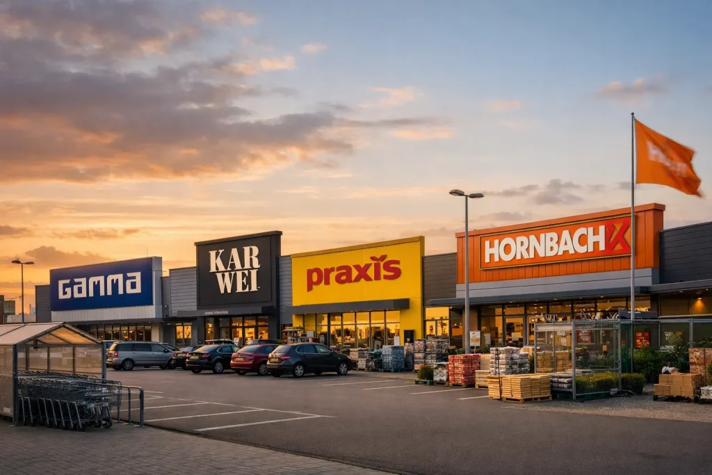 Rij bouwmarkten met parkeerplaats in Middelburg