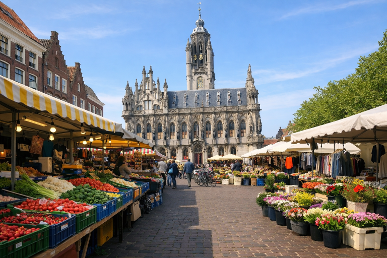 Drukke markt met kraampjes op plein in Middelburg