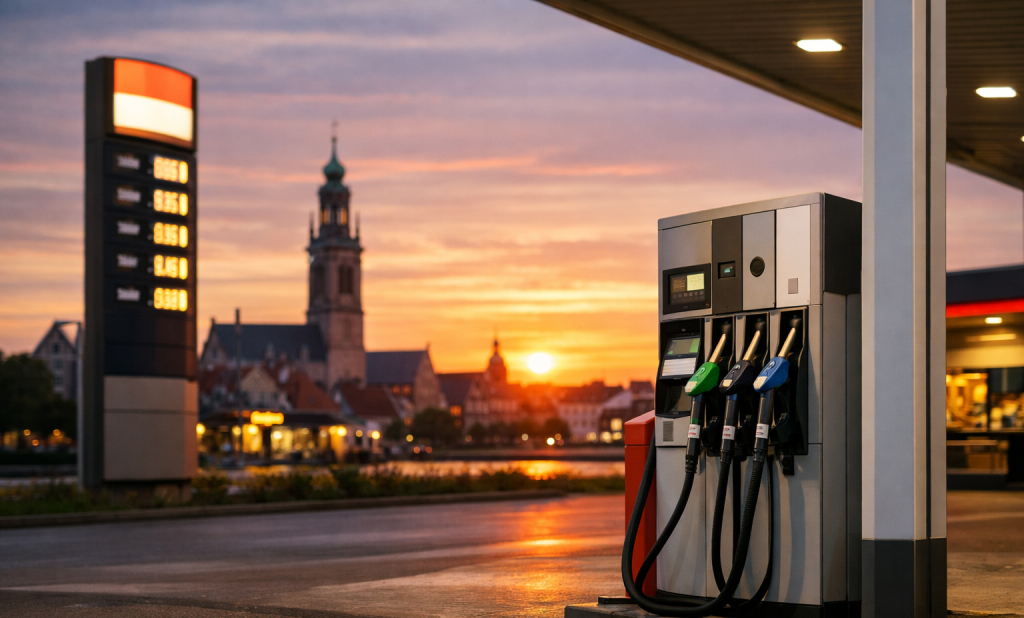 Tankstation met pompen in Middelburg tijdens zonsondergang